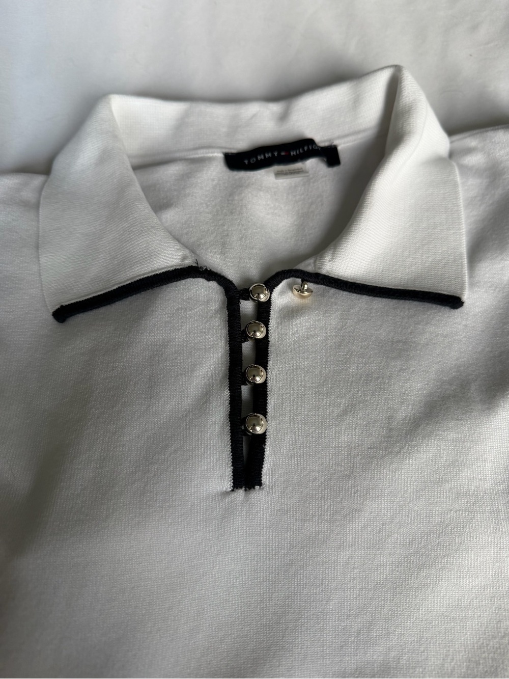 Tommy Hilfiger White Polo Sweater with Navy Trim - L